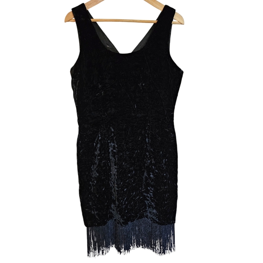 Vintage black crushed velvet fringe mini dress